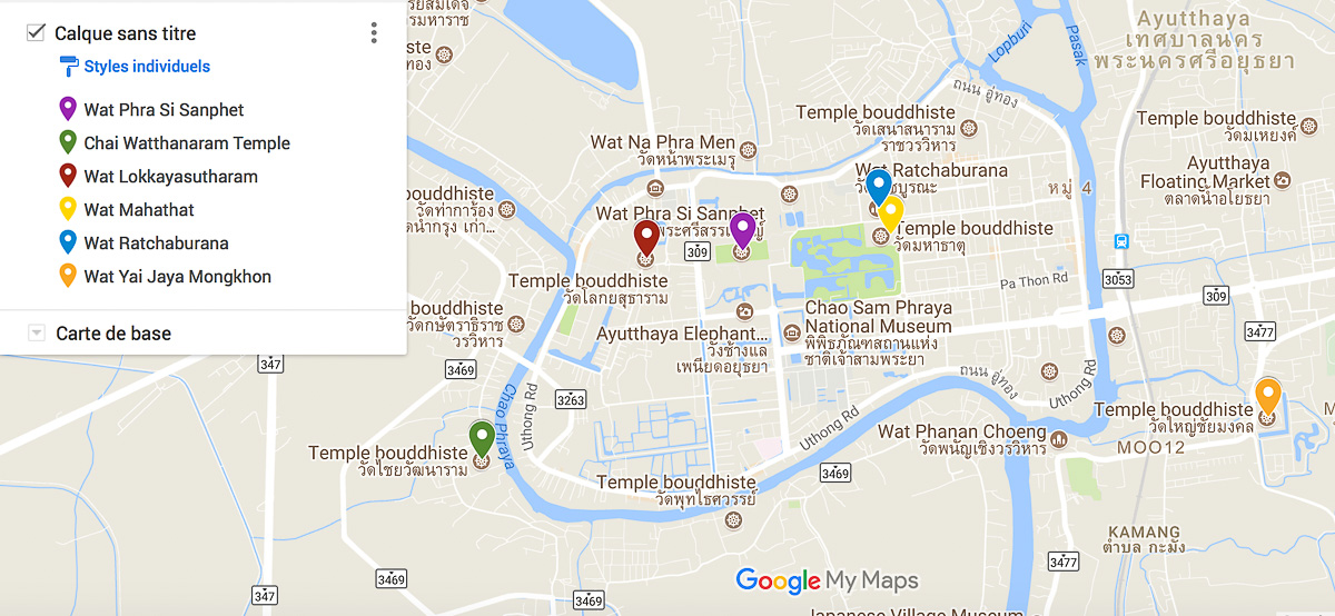 Carte des 6 temples Ayutthaya à visiter lors d'une journée. #ayutthaya #thailande #asie #asiedusudest #voyage #unesco #temple #bouddhisme
