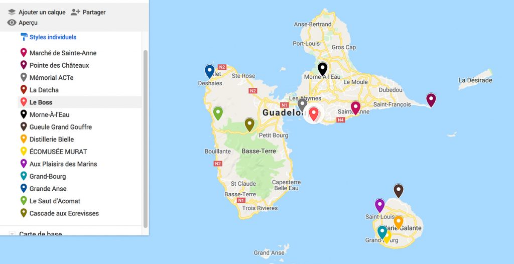 Carte des mes suggestions d'activités à faire en Guadeloupe dans mon article Que faire en Guadeloupe et visiter : Idées d'activités à petit budget #guadeloupe #antilles #caraibes #ile #voyage #carteguadeloupe