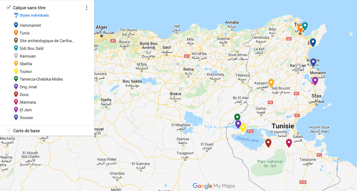 Carte de mon itinéraire en Tunisie dans mon article Où aller en Tunisie et quoi faire : mon itinéraire de voyage en 12 lieux à visiter en Tunisie | quoi faire en Tunisie | où aller en Tunisie | voyage en Tunisie | visiter la Tunisie | itinéraire en Tunisie #tunisie #maghreb #afriquedunord #voyage #cartetunisie